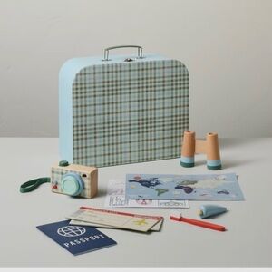 Hearth & Hand Magnolia Toy Travel Kit Blue Gingham Metal Suitcase Pretend Play